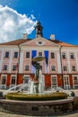 Old city streets traditional baltic tourism architecture house facades in historical part of town with stone road and colorful or