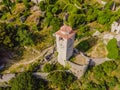 Old city. Sunny view of ruins of citadel in Stari Bar town near Bar city, Montenegro. Drone view