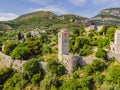 Old city. Sunny view of ruins of citadel in Stari Bar town near Bar city, Montenegro. Drone view