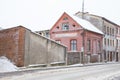 Old city town, houses and snow. Travel urban street photo 2019 Royalty Free Stock Photo