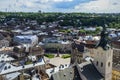 Top view panorama with houses roofs and Latin Cathedral seen from the town hall in Lviv, Ukraine Royalty Free Stock Photo