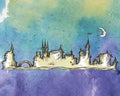 Old city on a watercolor background