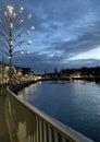 Old city of Zurich with Christmas decorations and illuminations on the left bank of Limit Royalty Free Stock Photo
