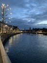 Old city of Zurich with Christmas decorations and illuminations on the left bank of Limmat River Royalty Free Stock Photo