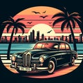 An old classic car in a street, with palm tree, skycrapers, flying birds, sunset view, unique, t-shirt design, black background