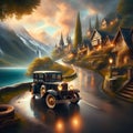 An old classic car in a wet road, a stunning lake behind, in a dreamy small town, mountains, house, tree, Van Gogh painting art