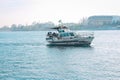 Retro boat on the River. Blue sky. Background Royalty Free Stock Photo