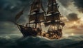 Old classic pirate ship, sailing at a raging sea Royalty Free Stock Photo