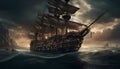 Old classic pirate ship, sailing at sea