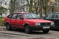 Old classic popular red veteran sedan car Volkswagen Passat from the eighties parked Royalty Free Stock Photo