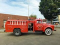 Old classic red Fargo 500 fire truck pumper tanker outdoors. Royalty Free Stock Photo