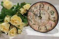 Old Classic Retro Clock with Bouquet of Roses Royalty Free Stock Photo