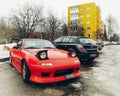 Old classic small red lightweight veteran vintage old roadster sports car Mazda MX-5 NA Miata Royalty Free Stock Photo