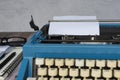 An old classic typewriter on wooden desk. Copy space. For text purpose. Royalty Free Stock Photo