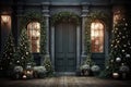 An old classical house decorated with Christmas trees and garlands with toys on Christmas Eve by lantern light Royalty Free Stock Photo