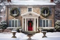 An old classical house decorated with Christmas trees and garlands with toys on Christmas Eve by lantern light Royalty Free Stock Photo