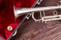 Old classical trumpet and velvet case. Royalty Free Stock Photo