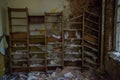 Old classroom with bookshelves the kindergarten at the abandoned village Kopachi near Chernobyl Royalty Free Stock Photo