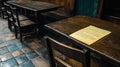Old classroom; document on desk; historical building; education Royalty Free Stock Photo