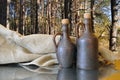 Old clay bottles for storing oil, wine Royalty Free Stock Photo