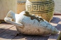 Old clay jugs on a wooden table Royalty Free Stock Photo