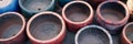 Old clay pots flowerpots closeup. Various used ceramic and clay pots