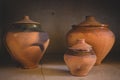 Old clay pots. Pottery concept. Ceramic terracotta vase. Creative porcelain bowls with cover. Earthenware concept. Handmade teapot Royalty Free Stock Photo