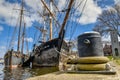 Old clipper ship moored at the quay of the former shipyard `Willemsoord` at the harbour of Den Helder, the Netherlands. Royalty Free Stock Photo