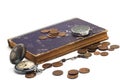 Old clock, book, compass and coins