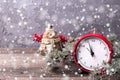 Old clock, decorative owl, berries and branches fur tree on age