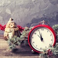 Old clock, decorative owl, berries and branches fur tree on age