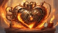 old clock with a heart steampunk heart on fire. The heart is a natural organ that is enhanced by a brass harness. Royalty Free Stock Photo