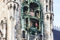 Old clock of Marienplatz town hall of Munich, Germany, Bavaria. Royalty Free Stock Photo