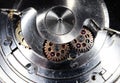 Old clock mechanism close-up. Vintage mechanical watch. Macro image. Royalty Free Stock Photo