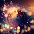 Old Clock Pointers all around fireworks shots and bokeh effect. New Year\'s celebrations Royalty Free Stock Photo