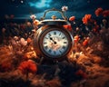 an old clock sitting in the middle of a field of poppies