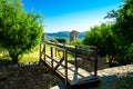 Old Clock tower chapel, wooden bridge in Stari Bar, Montenegro Royalty Free Stock Photo