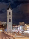 Old Clock Tower at night in old city Yafo, Israel. It`s limestone clock tower built in 1903 to honor one of the last sultans of th Royalty Free Stock Photo