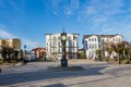 old clock tower at the scenic promenade with historic in wilhelminian style hotels in Ahlbeck, Germany Royalty Free Stock Photo