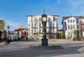 old clock tower at the scenic promenade with historic in wilhelminian style hotels in Ahlbeck, Germany Royalty Free Stock Photo