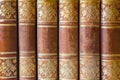 Brown books cover with gilded patterns in a row as backgro