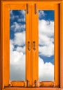 Old closed wood glass window frame with clouds