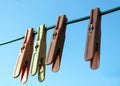 Old clothespins on a wire for drying clothes