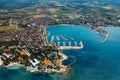 Old coastal city Umag in Croatia, aerial view. Istria, Europe