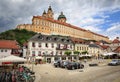Old cobbled square. View of the Melk Abbey. Lower Austria, Europe.