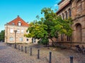 OsnabrÃÂ¼ck, Germany - August 28, 2022: Old cobbled street in the morning with a big green tree