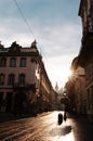 Old cobbled street with tram tracks in the downtown of Lviv Royalty Free Stock Photo