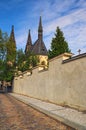 Old cobbles road the Church of Saint Peter and Paul. Summer landscape photo on a sunny morning. Vysehrad `Upper Castle Royalty Free Stock Photo