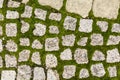 Old cobblestone road with grass between stones. Texture and background Royalty Free Stock Photo