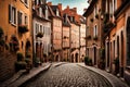 An old, cobblestone street winding through a historic European town